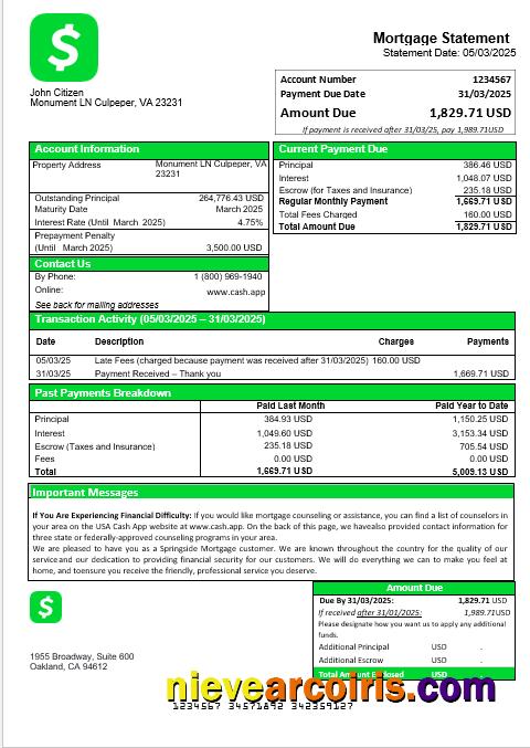 USA Cash App mortgage statement